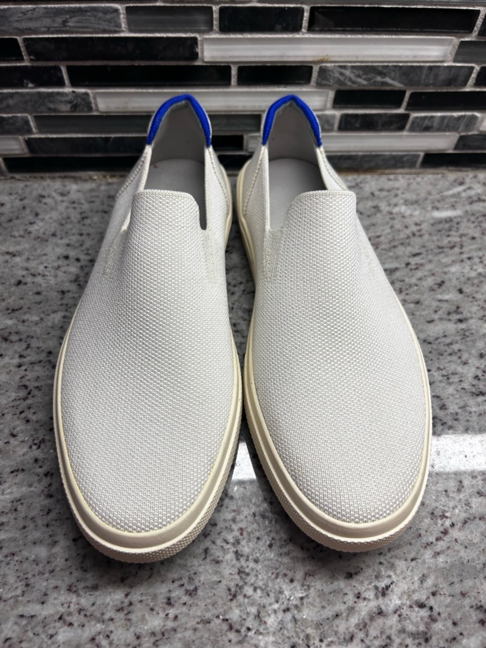 Rothys Slip-On White Canvas Sneakers with Blue Heel Tab - womens size 7 mens 5.5